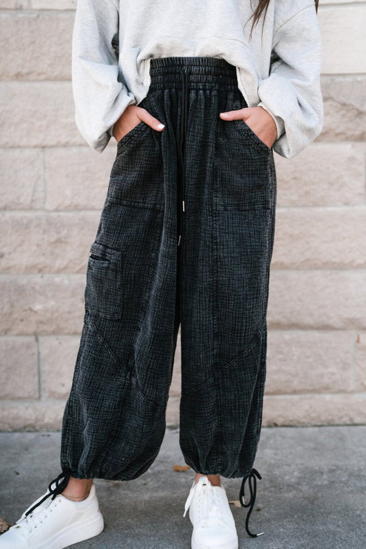 Hermelinda Mineral Wash Textured Drawstring Wide Leg Pants - Rebel Nomad