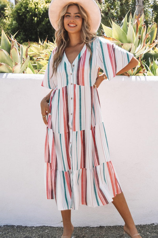 Hermione Serape Striped V Neck Buttoned Shirt Dress - Rebel Nomad