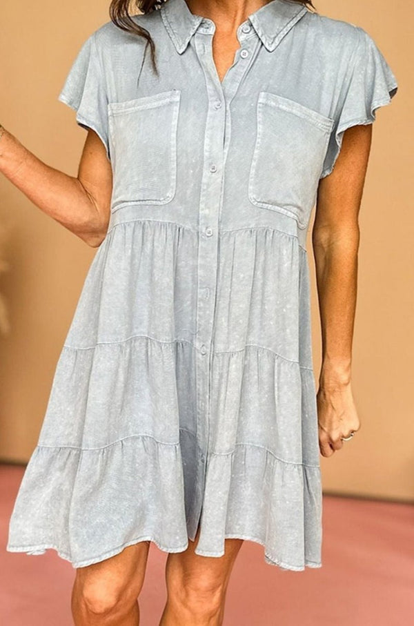 Hettie Mineral Washed Ruffle Sleeve Tiered Chambray Dress - Rebel Nomad