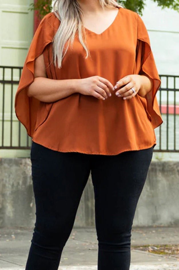 Hyllaera Plus Size Solid Wrapped Ruffled Sleeve V Neck Blouse - Rebel Nomad