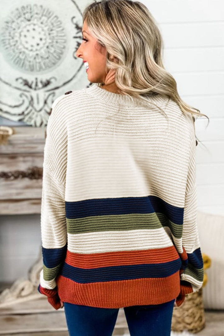 Hypatia Buttoned Shoulder Drop Shoulder Striped Sweater - Rebel Nomad