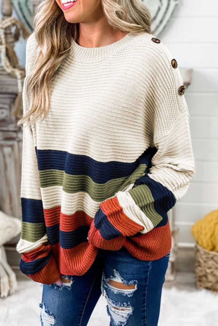 Hypatia Buttoned Shoulder Drop Shoulder Striped Sweater - Rebel Nomad