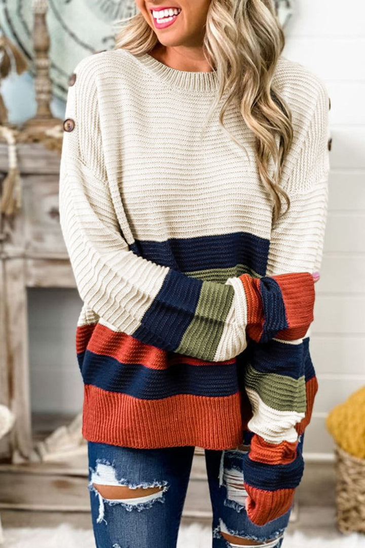 Hypatia Buttoned Shoulder Drop Shoulder Striped Sweater - Rebel Nomad