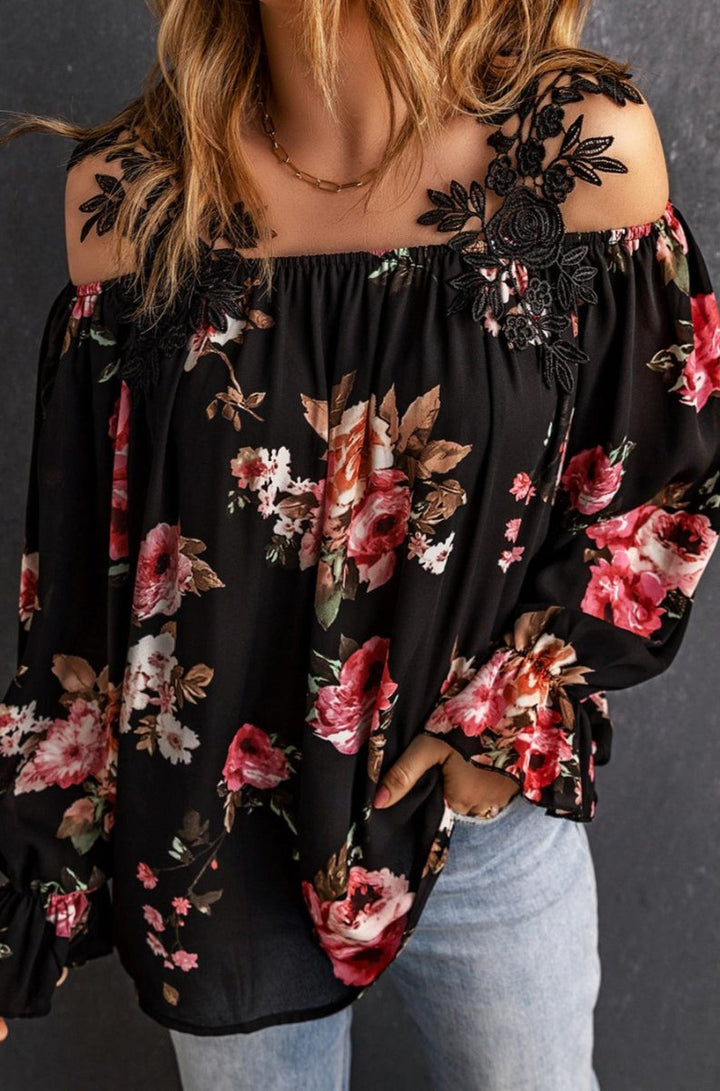 Ignacia Floral Print Lace Patchwork Loose Cold Shoulder Blouse - Rebel Nomad