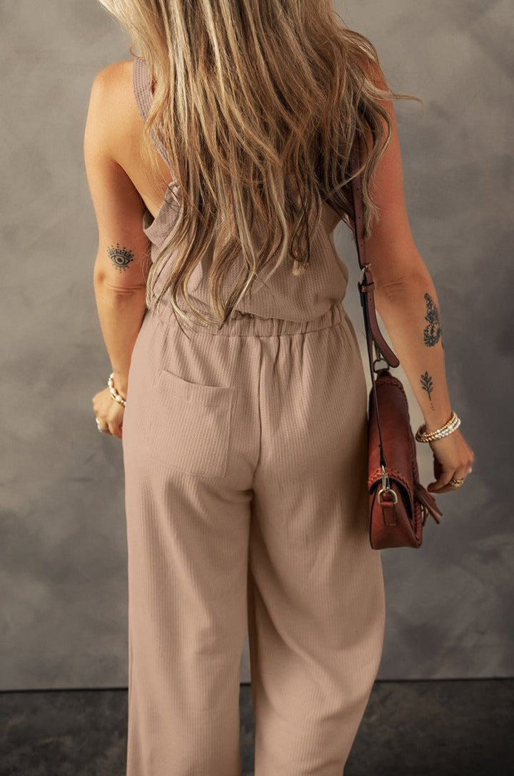 Ilara Knotted Straps Button Textured Drawstring Jumpsuit - Rebel Nomad