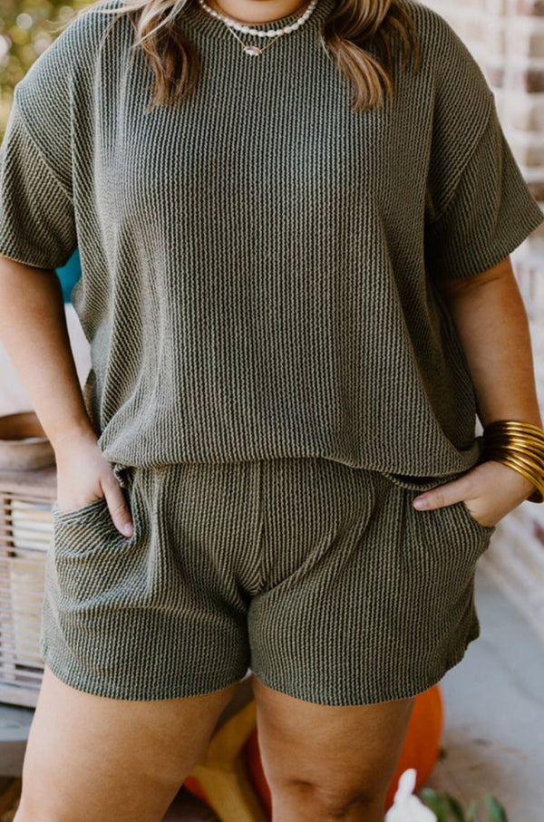 Ilene Plus Size Rib Knit Short Sleeve Top and Shorts Set - Rebel Nomad