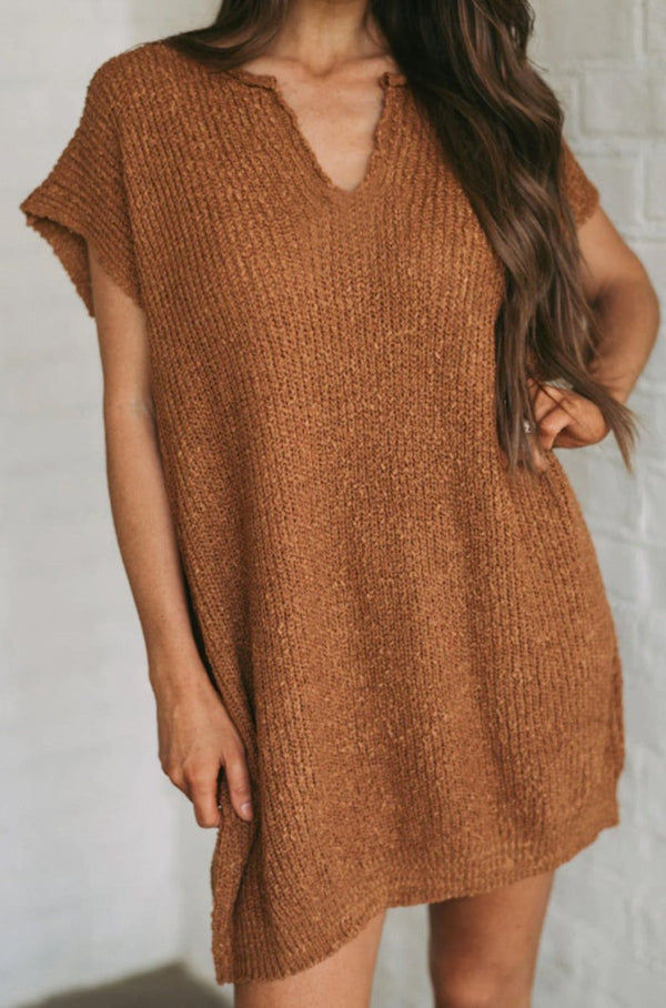 Indie Short Sleeve Notched V Neck Sweater Dress - Rebel Nomad