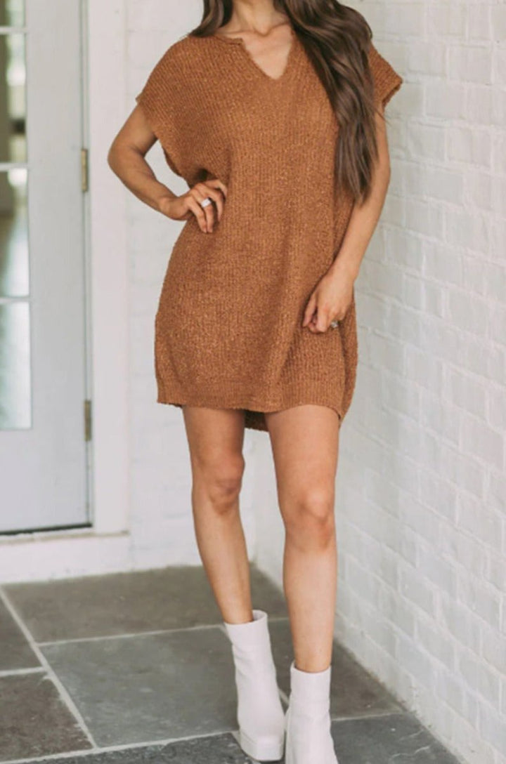 Indie Short Sleeve Notched V Neck Sweater Dress - Rebel Nomad