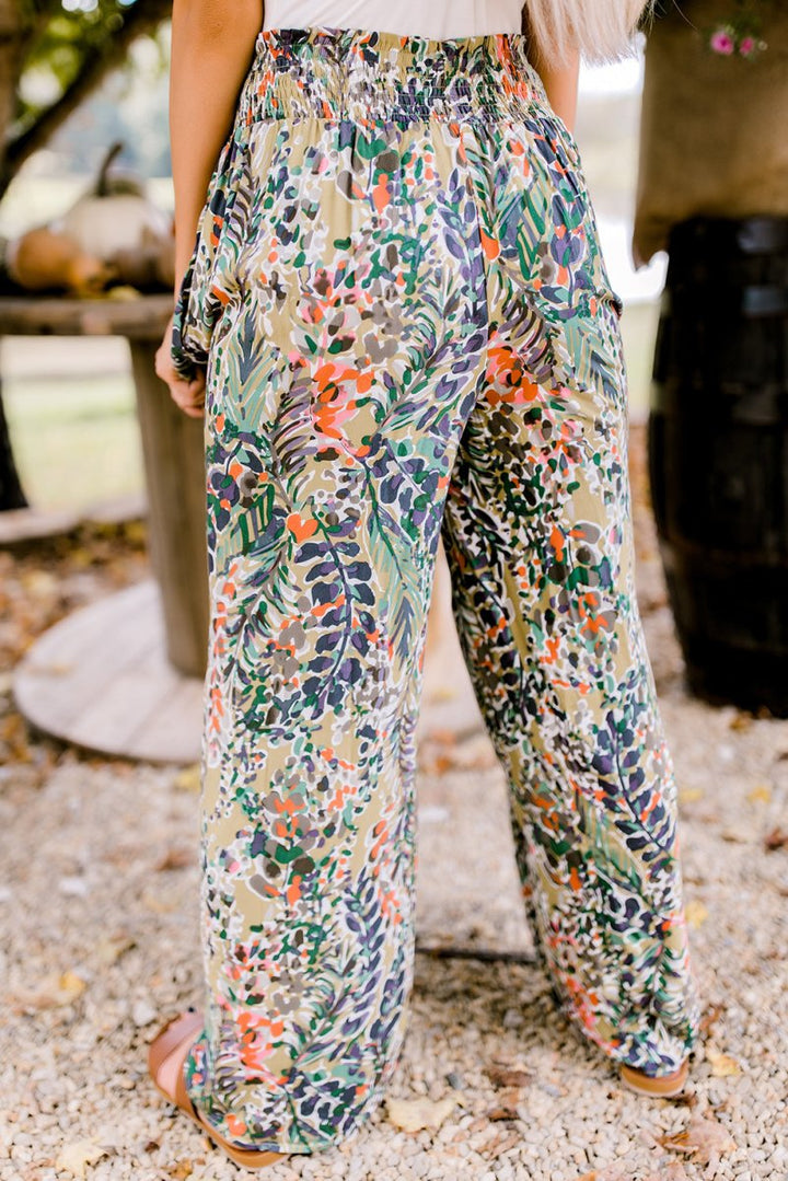 Infinia Floral Print Shirred High Waist Wide Leg Casual Pants - Rebel Nomad