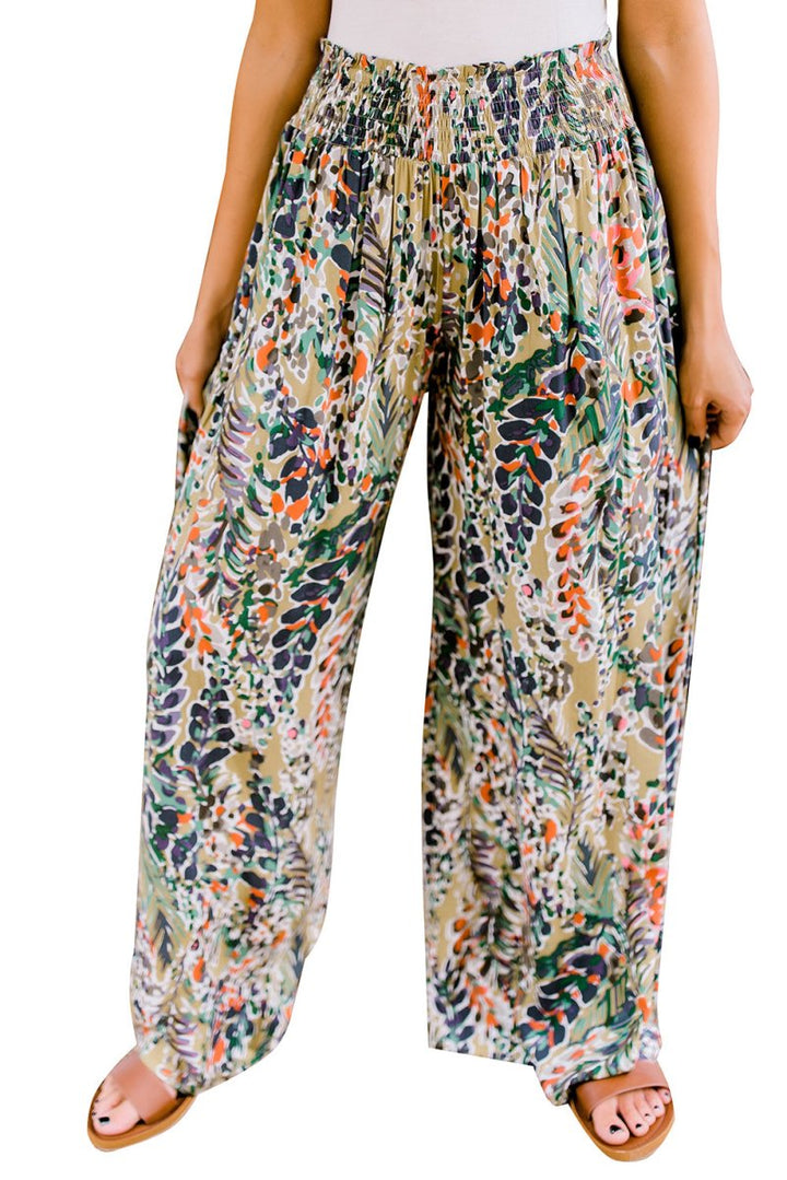 Infinia Floral Print Shirred High Waist Wide Leg Casual Pants - Rebel Nomad