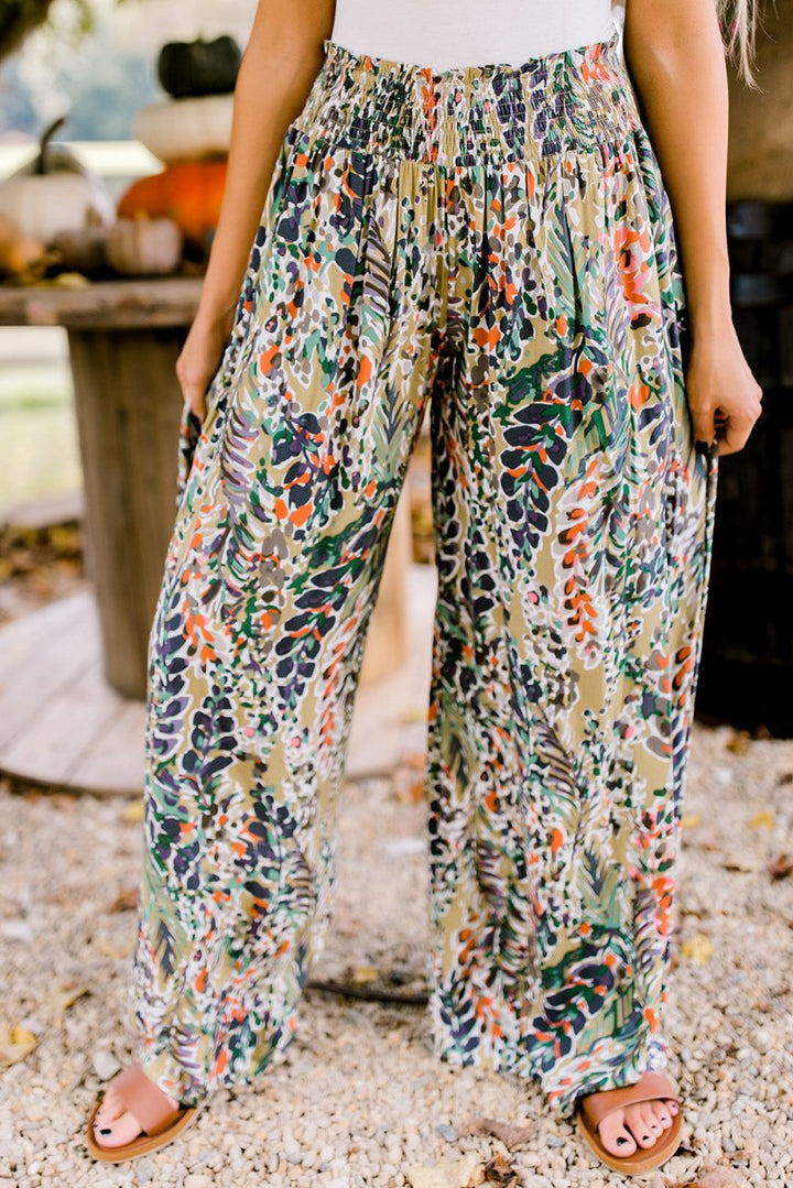 Infinia Floral Print Shirred High Waist Wide Leg Casual Pants - Rebel Nomad