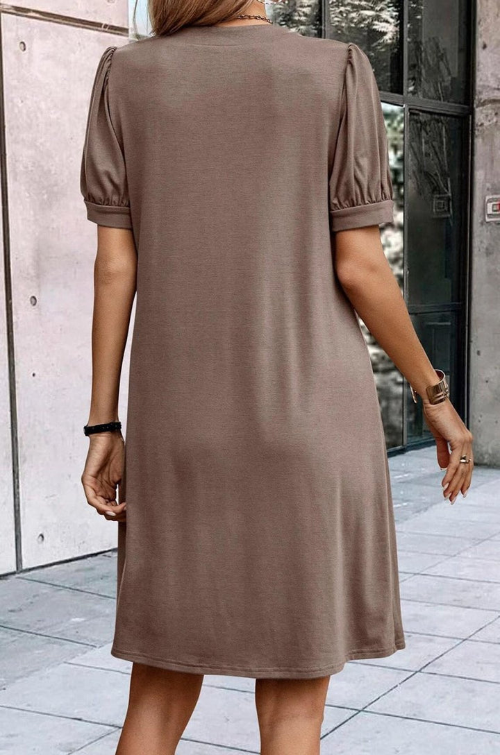 Ira Notched Neck Pleated Puff Sleeve Shift T-shirt Dress - Rebel Nomad