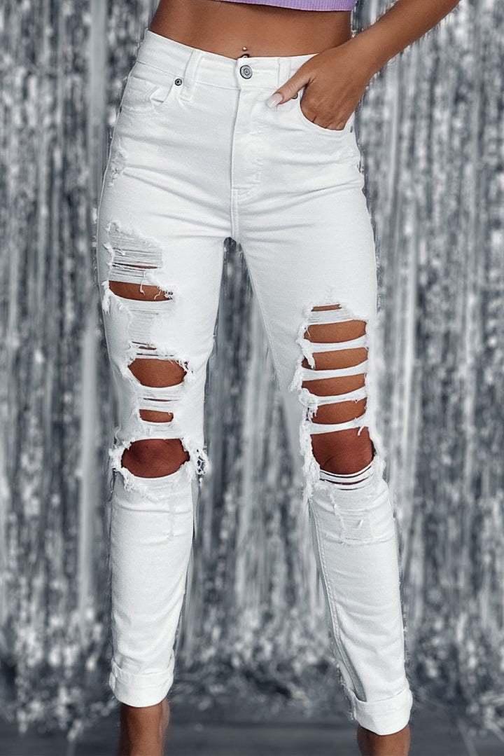 Isabelle Distressed Ripped Holes High Waist Skinny Jeans - Rebel Nomad