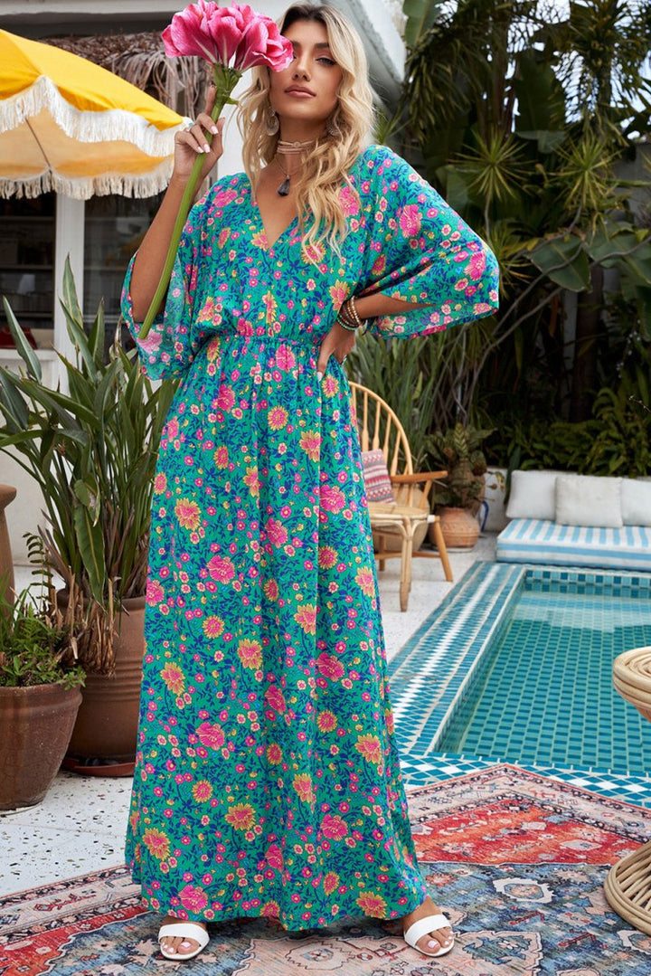 Ivy Boho Deep V Neck Floral Maxi Dress - Rebel Nomad