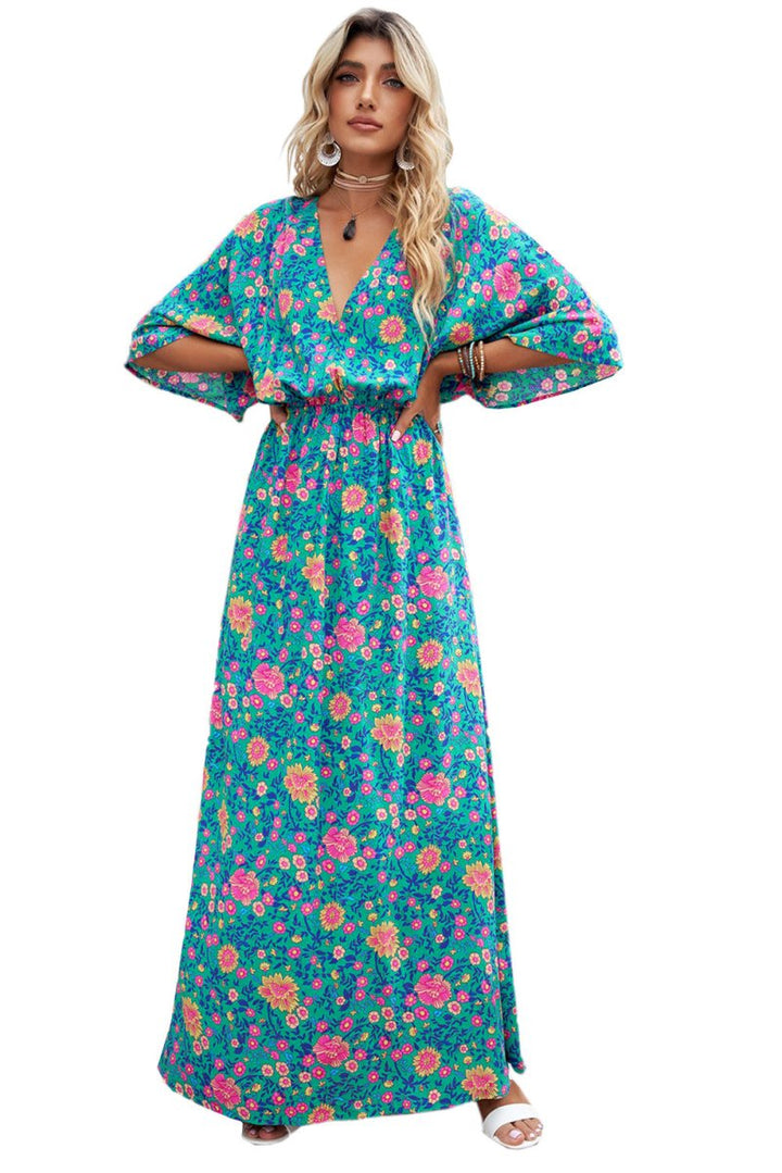 Ivy Boho Deep V Neck Floral Maxi Dress - Rebel Nomad