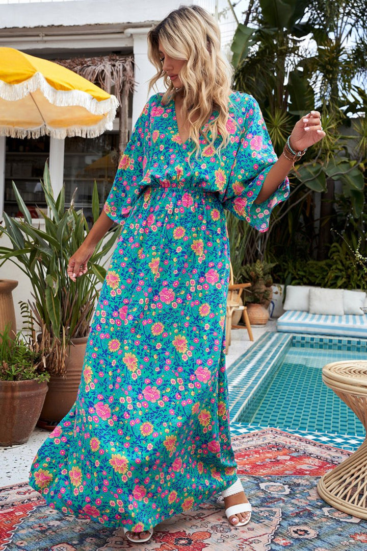 Ivy Boho Deep V Neck Floral Maxi Dress - Rebel Nomad