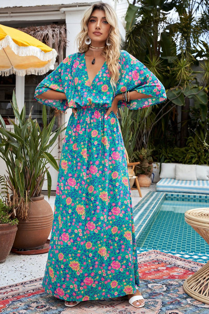 Ivy Boho Deep V Neck Floral Maxi Dress - Rebel Nomad