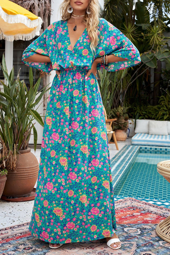 Ivy Boho Deep V Neck Floral Maxi Dress - Rebel Nomad