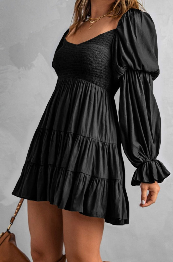 Jacelyn Boho Solid Shirred Ruffle Mini Dress - Rebel Nomad