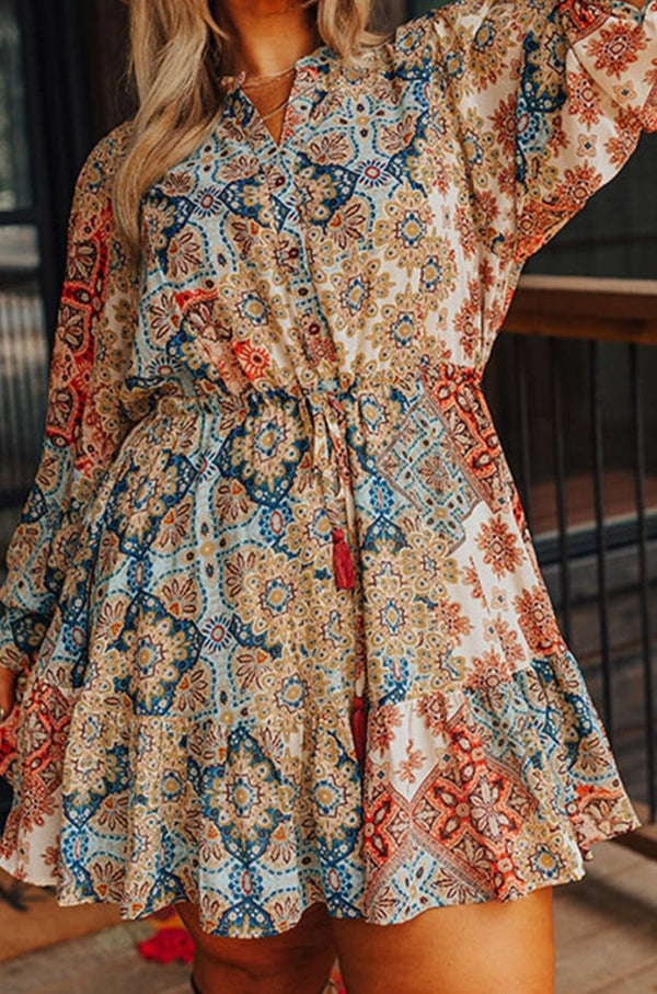 Jacqueline Plus Size Vintage Floral Print Drawstring Waist Mini Dress - Rebel Nomad