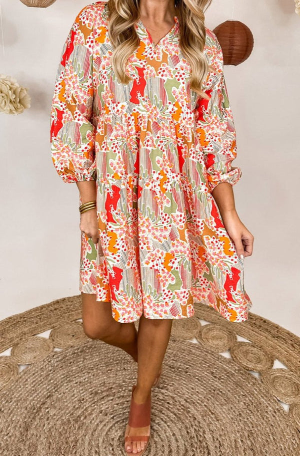 Jaleesa Split Neck Puff Sleeve Flowy Printed Dress - Rebel Nomad