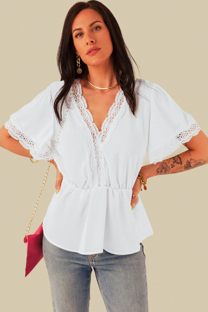 Jalisa Lace Splicing V Neck Short Sleeve Blouse - Rebel Nomad