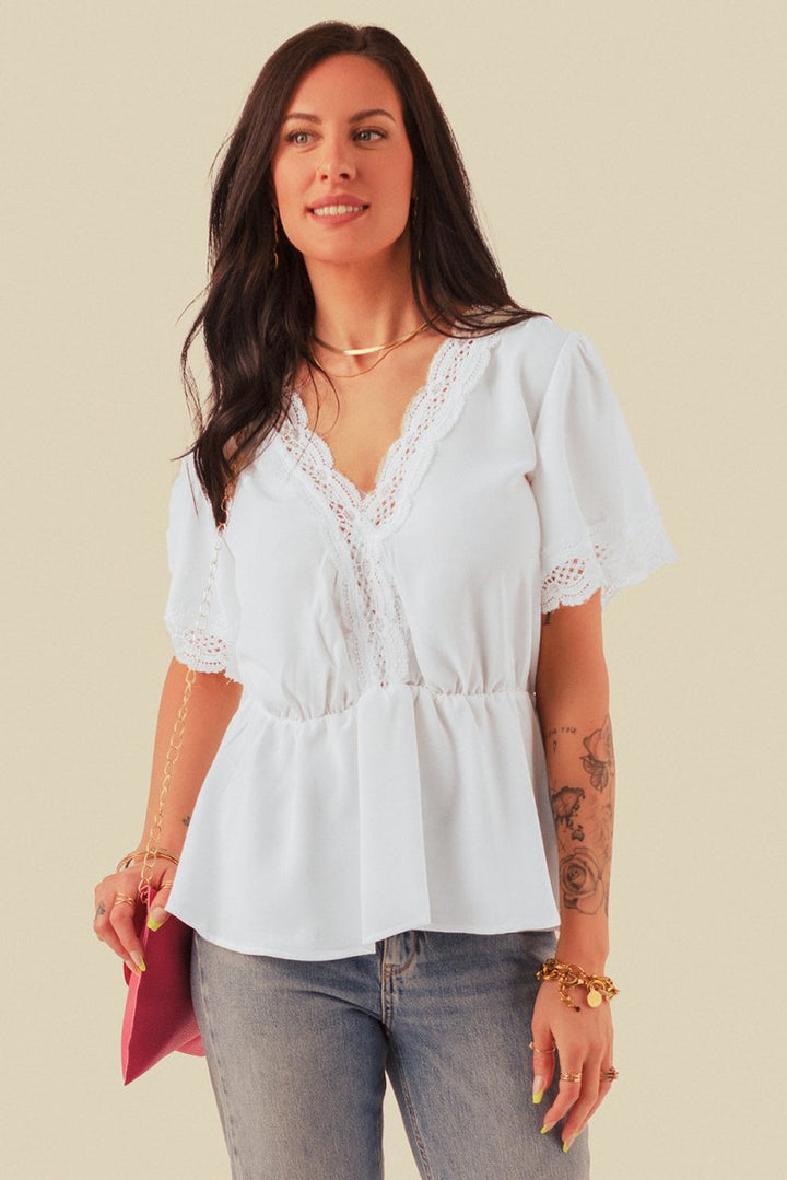 Jalisa Lace Splicing V Neck Short Sleeve Blouse - Rebel Nomad