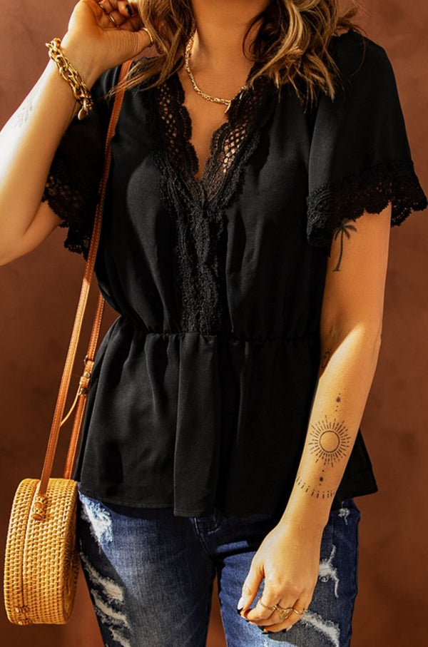 Jalisa Lace Splicing V Neck Short Sleeve Blouse - Rebel Nomad