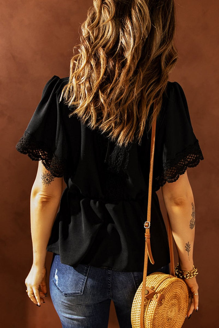 Jalisa Lace Splicing V Neck Short Sleeve Blouse - Rebel Nomad