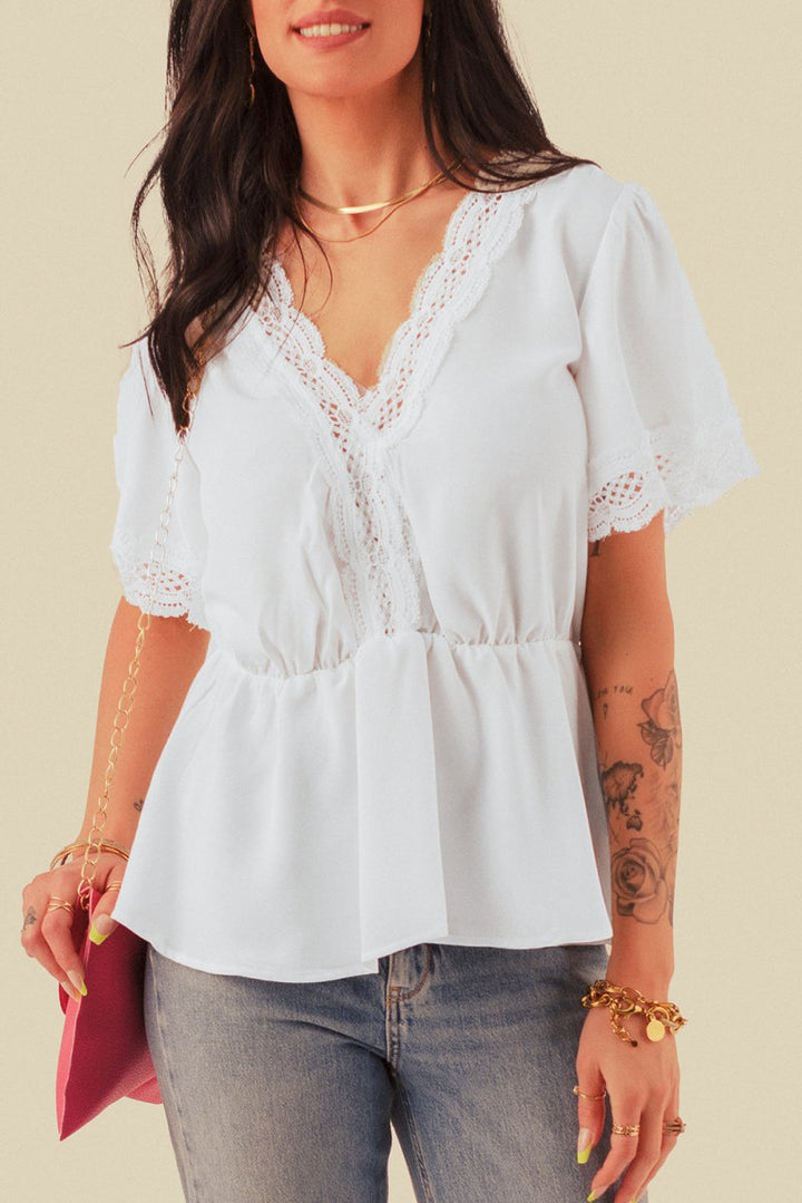 Jalisa Lace Splicing V Neck Short Sleeve Blouse - Rebel Nomad