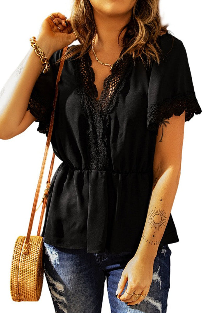 Jalisa Lace Splicing V Neck Short Sleeve Blouse - Rebel Nomad