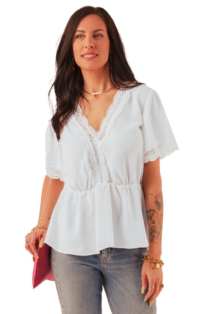 Jalisa Lace Splicing V Neck Short Sleeve Blouse - Rebel Nomad