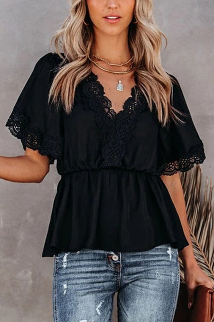 Jalisa Lace Splicing V Neck Short Sleeve Blouse - Rebel Nomad