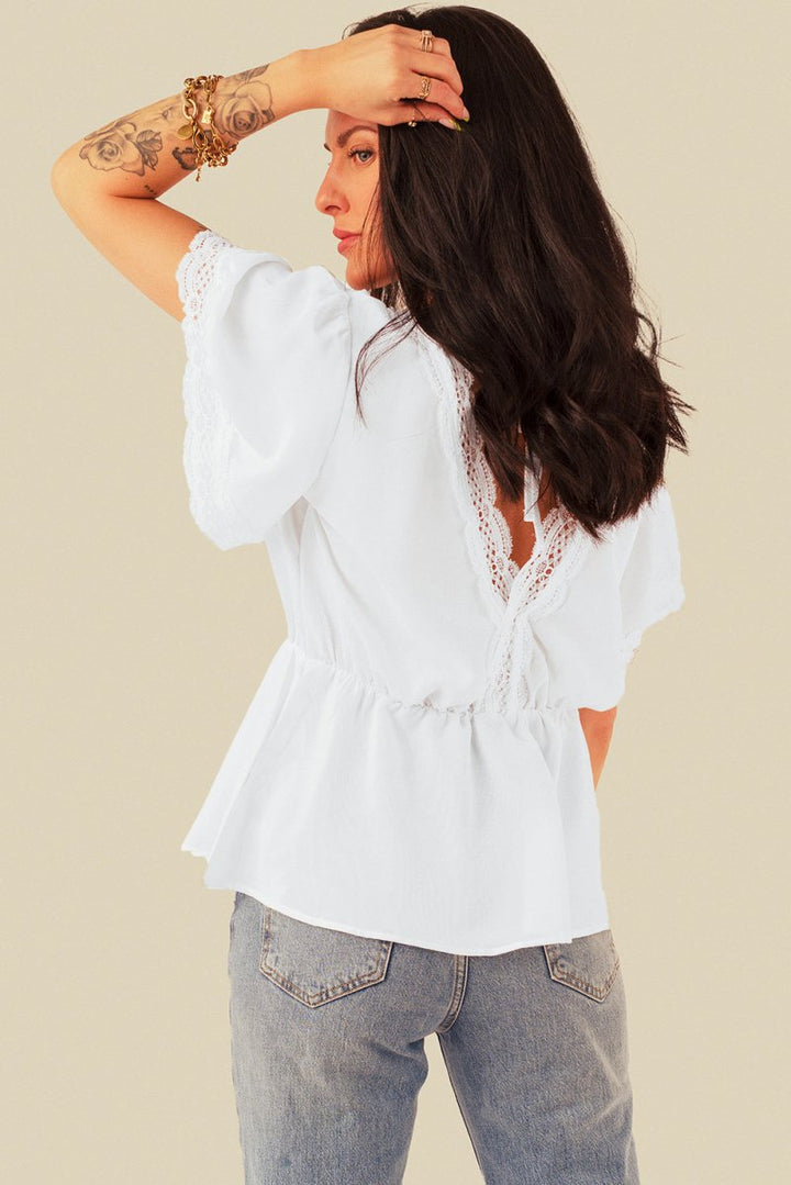 Jalisa Lace Splicing V Neck Short Sleeve Blouse - Rebel Nomad