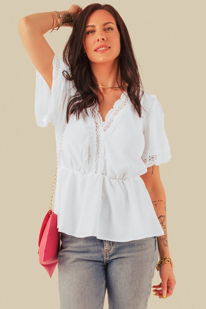 Jalisa Lace Splicing V Neck Short Sleeve Blouse - Rebel Nomad