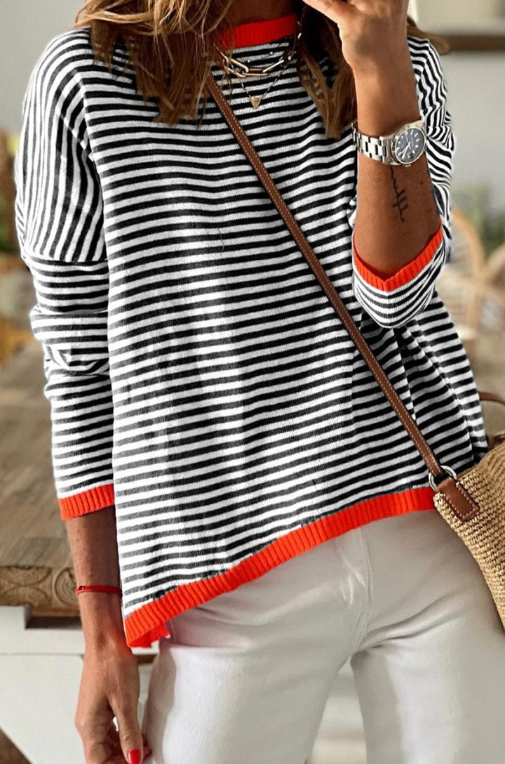 Jami Contrast Trimmed Striped Drop Shoulder Sweater - Rebel Nomad