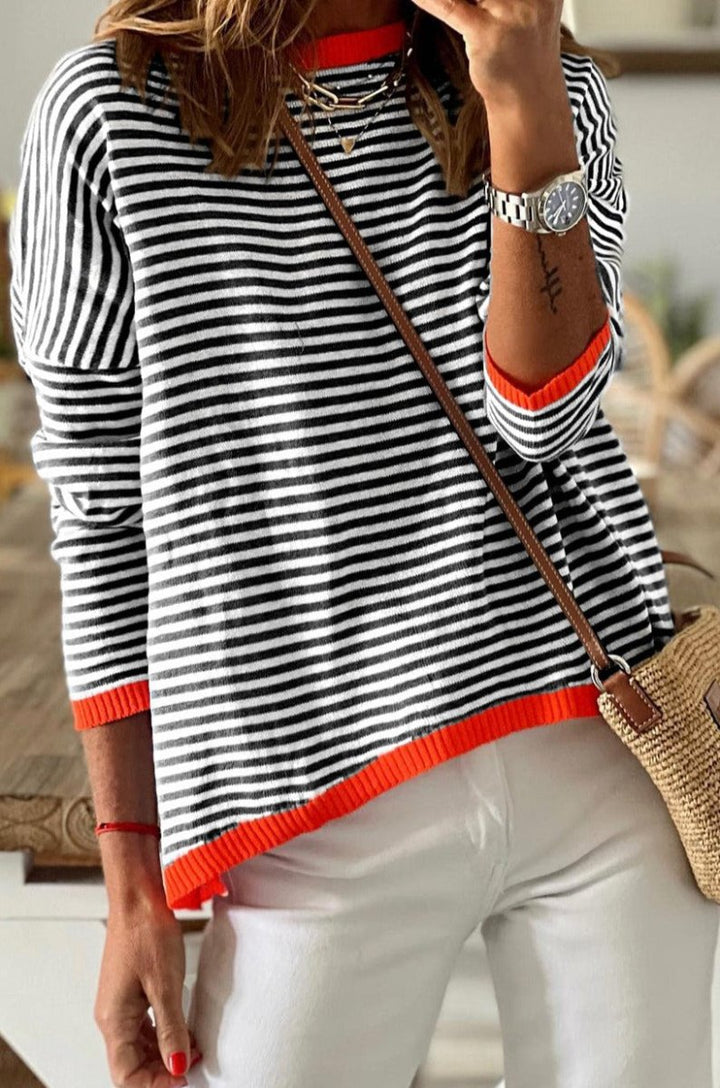 Jami Contrast Trimmed Striped Drop Shoulder Sweater - Rebel Nomad