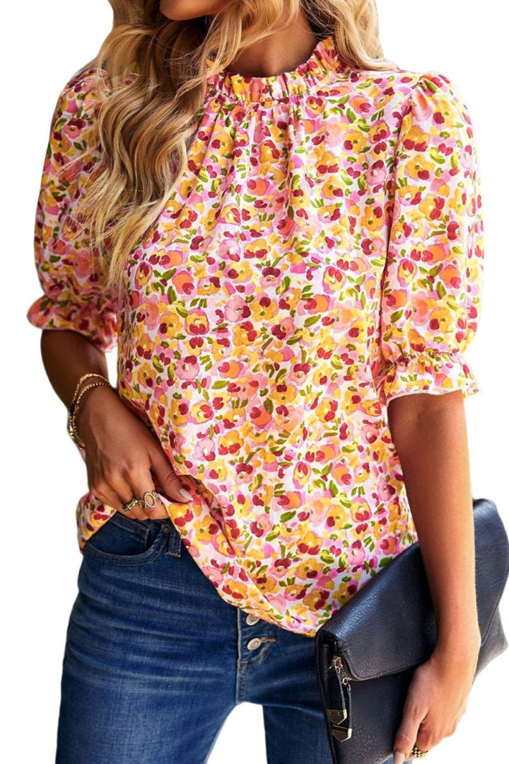 Janina Boho Floral Ruffle Short Sleeve Frill Mock Neck Blouse - Rebel Nomad