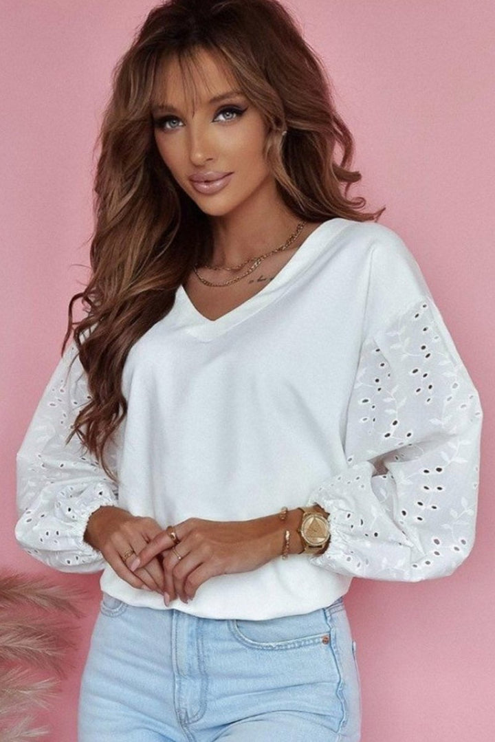 Jayla V-neck Embroidered Patchwork Puff Sleeve Blouse - Rebel Nomad