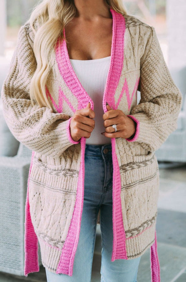 Jenise Geometric Cable Knit Pocketed Open Front Cardigan - Rebel Nomad