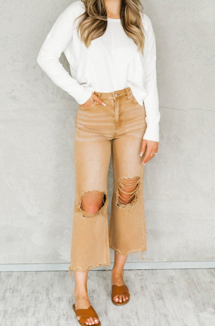 Jenna Distressed Hollow-out High Waist Cropped Flare Jeans - Rebel Nomad