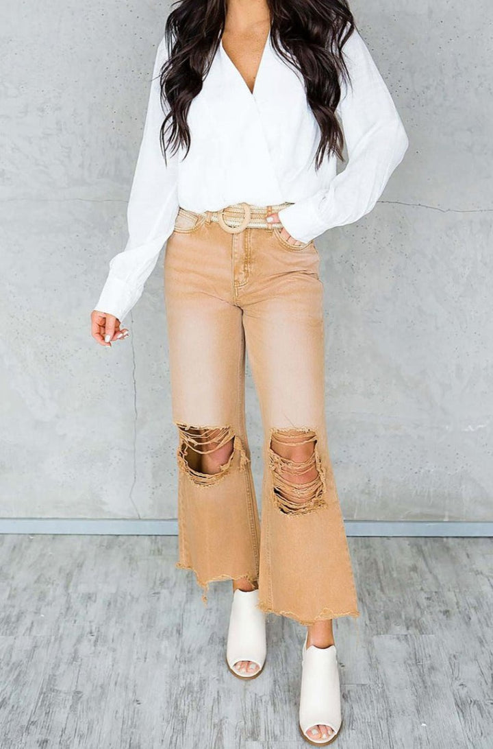 Jenna Distressed Hollow-out High Waist Cropped Flare Jeans - Rebel Nomad