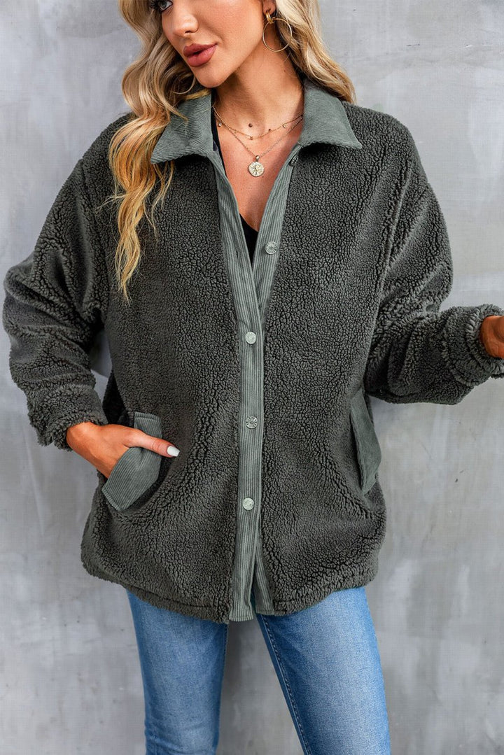 Jennell Corduroy Trim Elbow Patch Sherpa Jacket - Rebel Nomad