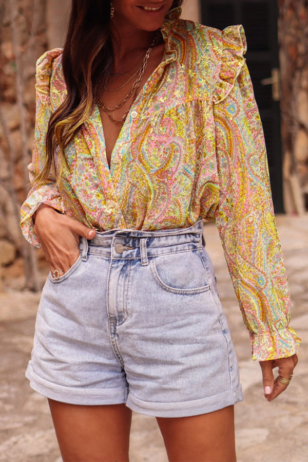 Jenny Paisley Print Ruffled Trim Boho Shirt - Rebel Nomad