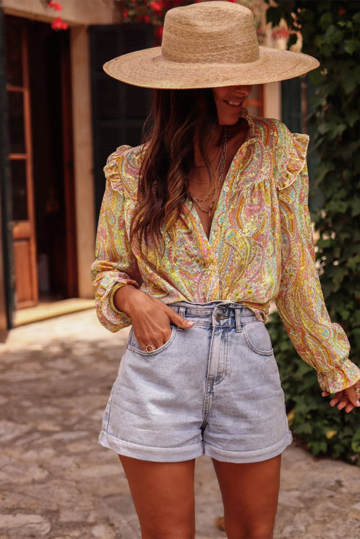 Jenny Paisley Print Ruffled Trim Boho Shirt - Rebel Nomad