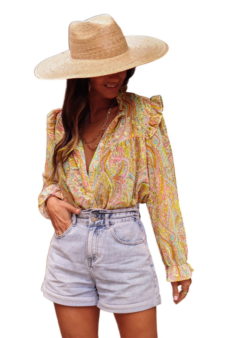 Jenny Paisley Print Ruffled Trim Boho Shirt - Rebel Nomad