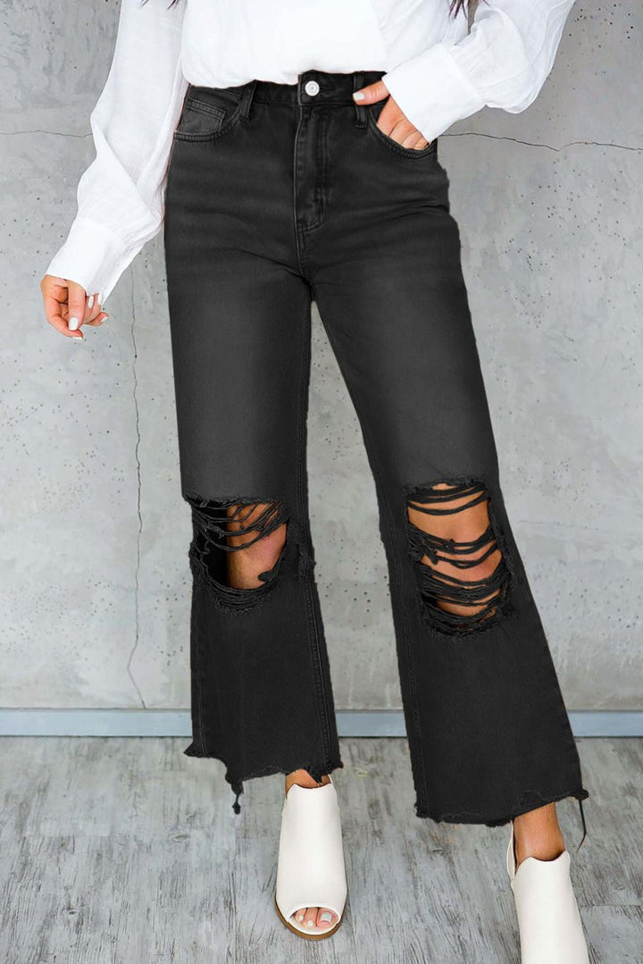 Joeann Distressed Hollow-out High Waist Cropped Flare Jeans - Rebel Nomad