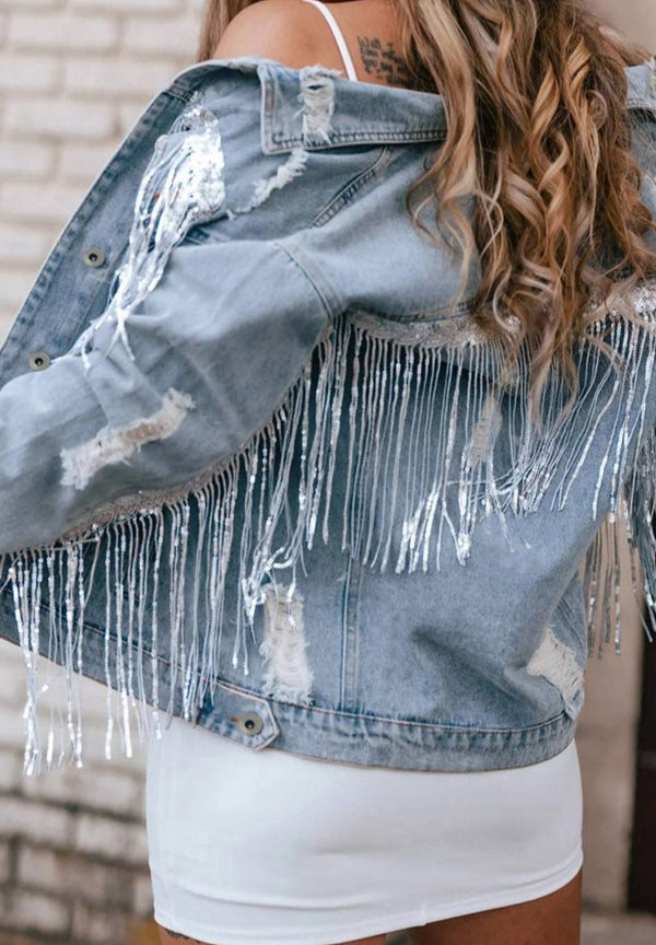 Joss Sequin Embellished Fringe Distressed Denim Jacket - Rebel Nomad