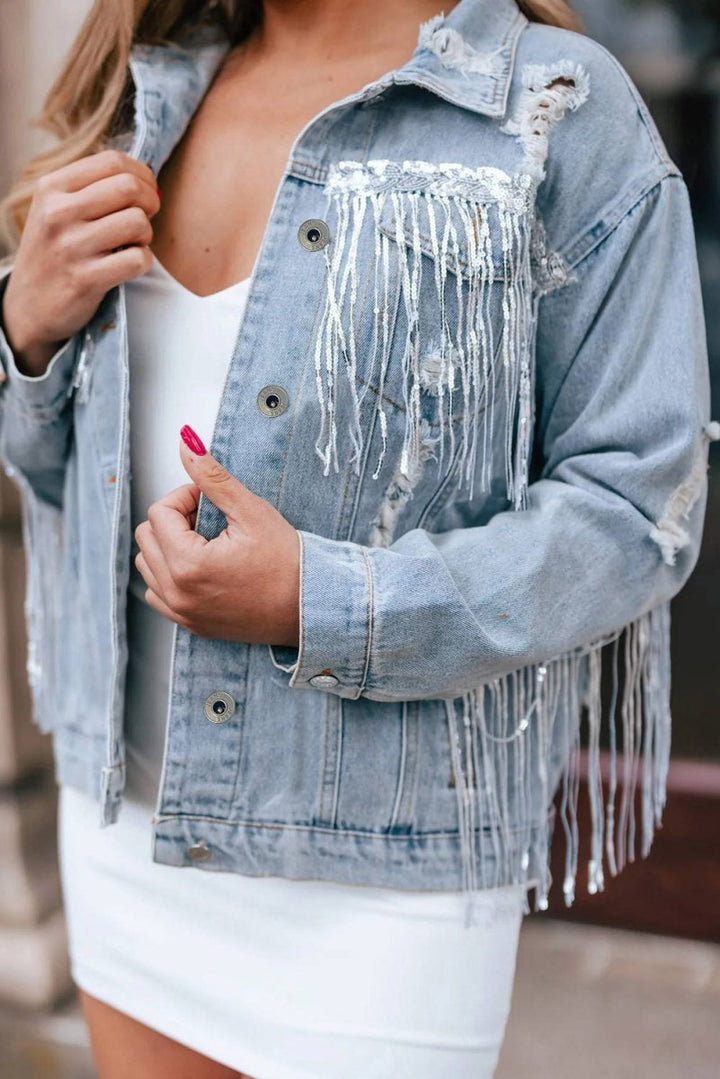 Joss Sequin Embellished Fringe Distressed Denim Jacket - Rebel Nomad