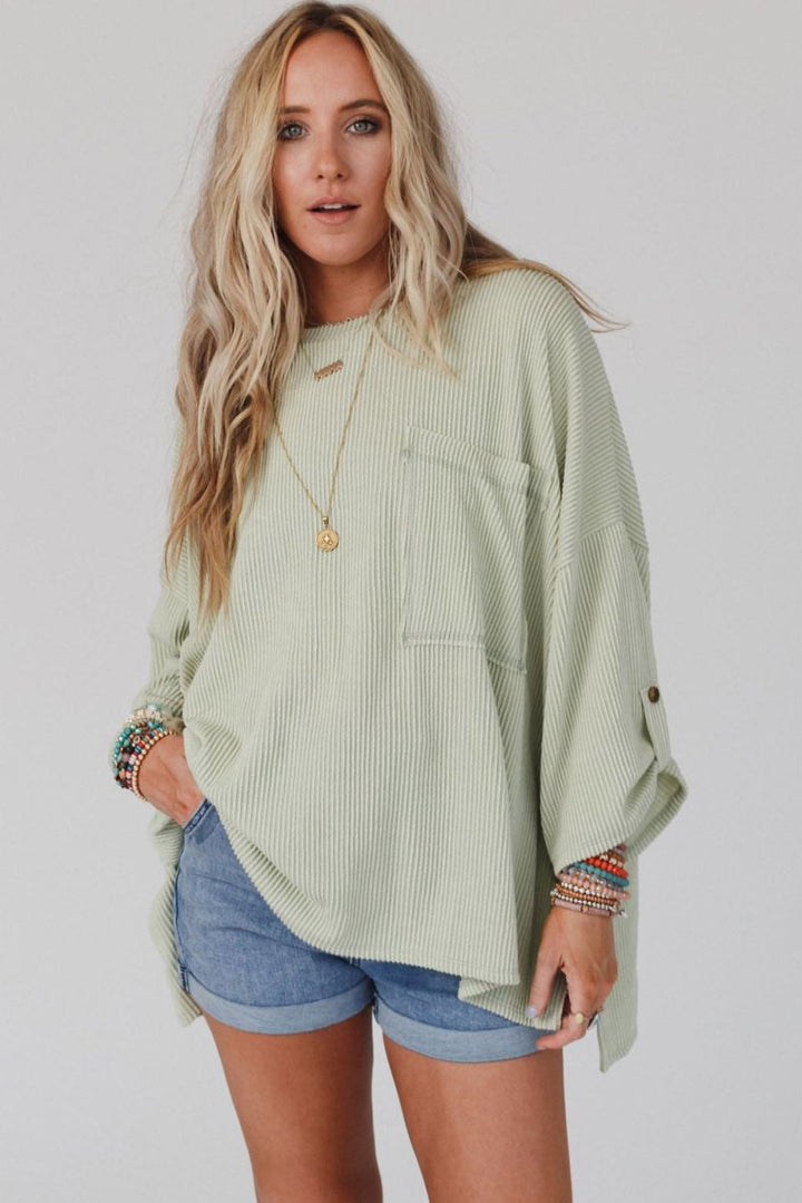 Julia Ribbed Roll-tab Sleeve Chest Pocket Oversize Top - Rebel Nomad